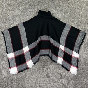 Ellie Kate Black Plaid Turtleneck Poncho Sweater Fringe‎ Hem Womens One Size